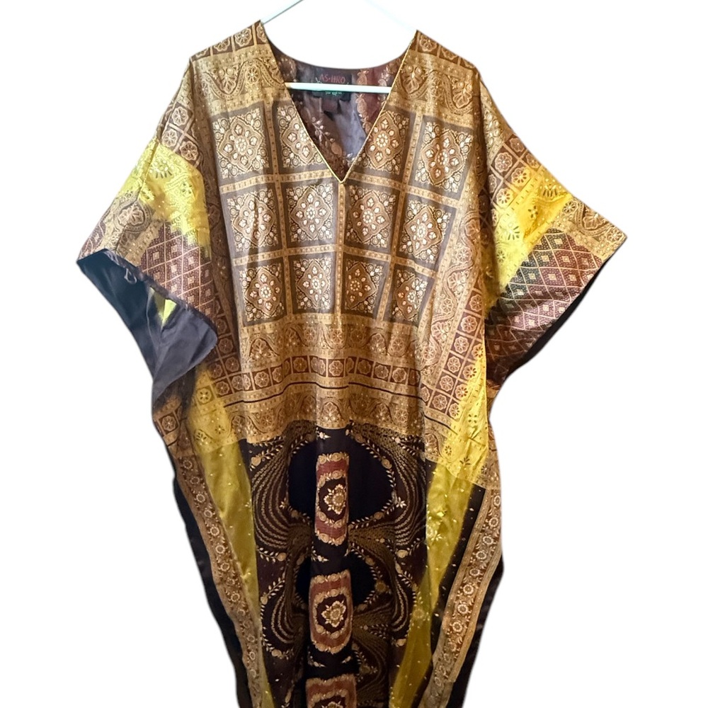 ASHRO Kimono Multi Color Baroque Yellow Brown MuuMuu Maxi Dress OS